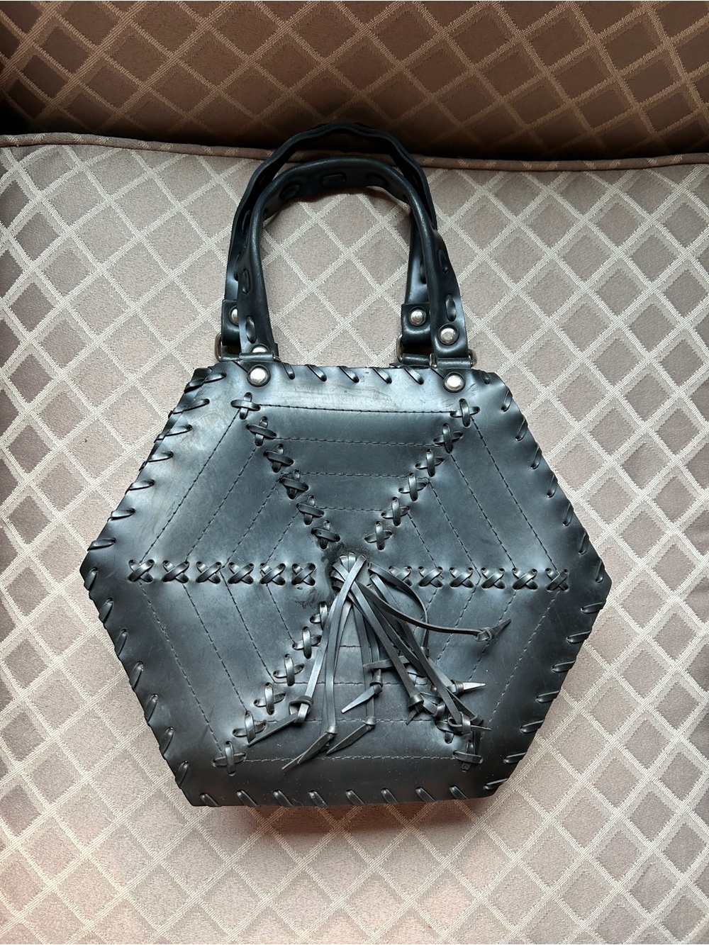 Demonia Black Hexagon Spider Web Rubber Hand Bag with Tassel Lacing